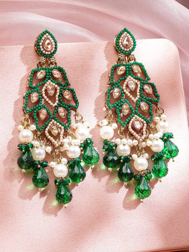 Rubans 18K Gold-Plated Emerald Green Kundan & Pearl Studded Handcrafted Long Chandelier Earrings Earrings