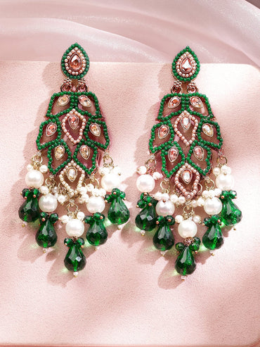 Rubans 18K Gold-Plated Emerald Green Kundan & Pearl Studded Handcrafted Long Chandelier Earrings Earrings
