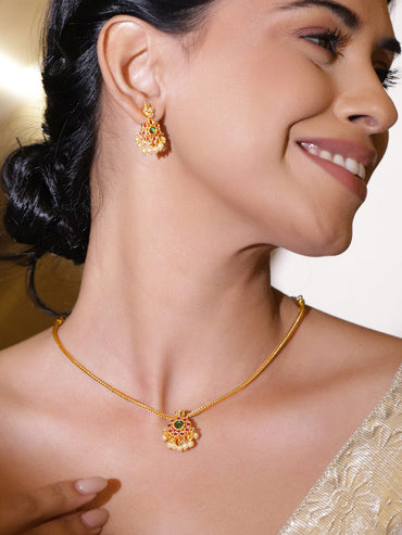 Rubans 18K Gold-Plated Emerald Green & Ruby Pink Stone with Pearl Beads Necklace Set Jewellery Set