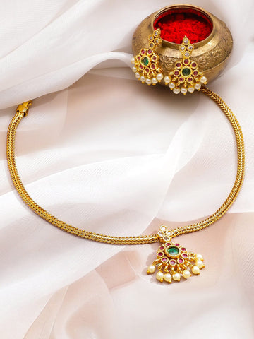 Rubans 18K Gold-Plated Emerald Green & Ruby Pink Stone with Pearl Beads Necklace Set Jewellery Set