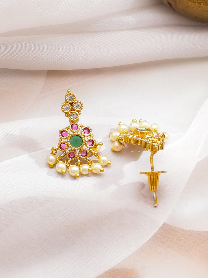 Rubans 18K Gold-Plated Emerald Green & Ruby Pink Stone with Pearl Beads Necklace Set Jewellery Set