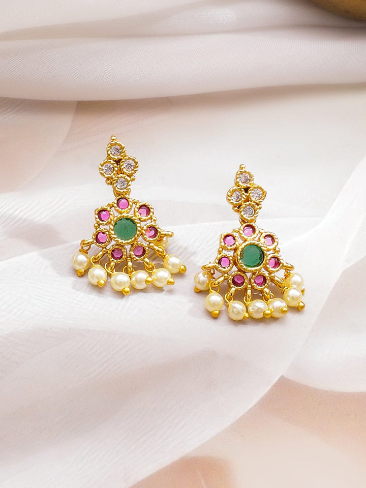 Rubans 18K Gold-Plated Emerald Green & Ruby Pink Stone with Pearl Beads Necklace Set Jewellery Set