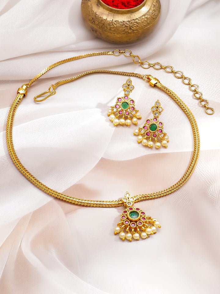 Rubans 18K Gold-Plated Emerald Green & Ruby Pink Stone with Pearl Beads Necklace Set Jewellery Set