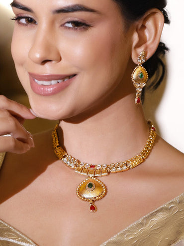 Rubans 18K Gold-Plated Emerald Green, Ruby Red & White Kundan Necklace Set with Earrings Necklace Set