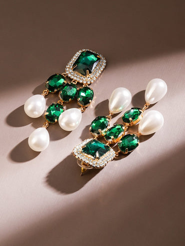 Rubans 18K Gold-Plated Emerald Green & White Pearl Drop Earrings â€“ Luxe Statement Jewelry Earrings