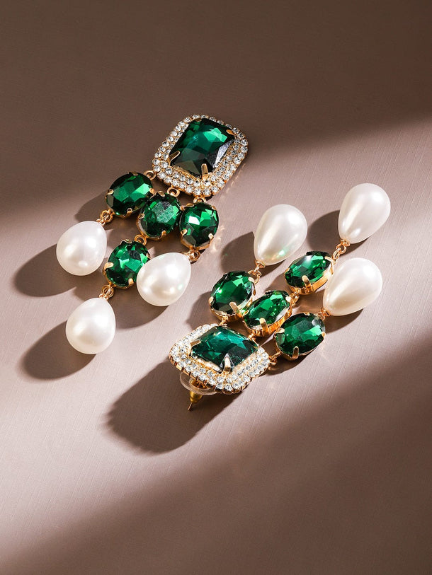 Rubans 18K Gold-Plated Emerald Green & White Pearl Drop Earrings â€“ Luxe Statement Jewelry Earrings
