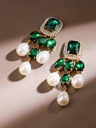 Rubans 18K Gold-Plated Emerald Green & White Pearl Drop Earrings â€“ Luxe Statement Jewelry Earrings