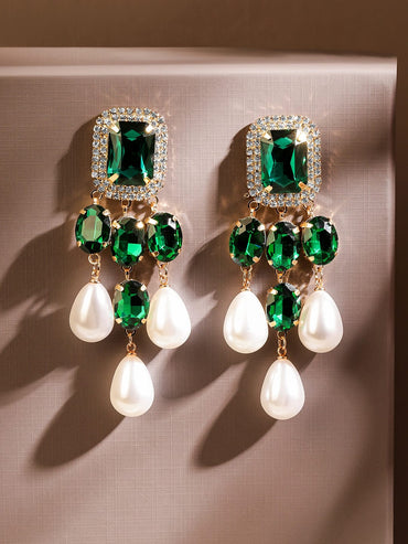 Rubans 18K Gold-Plated Emerald Green & White Pearl Drop Earrings â€“ Luxe Statement Jewelry Earrings