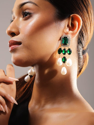 Rubans 18K Gold-Plated Emerald Green & White Pearl Drop Earrings â€“ Luxe Statement Jewelry Drop Earrings