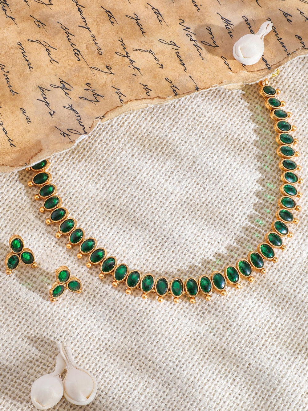 Rubans 18K Gold-Plated Emerald Studded Traditional Necklace Set Necklace Set