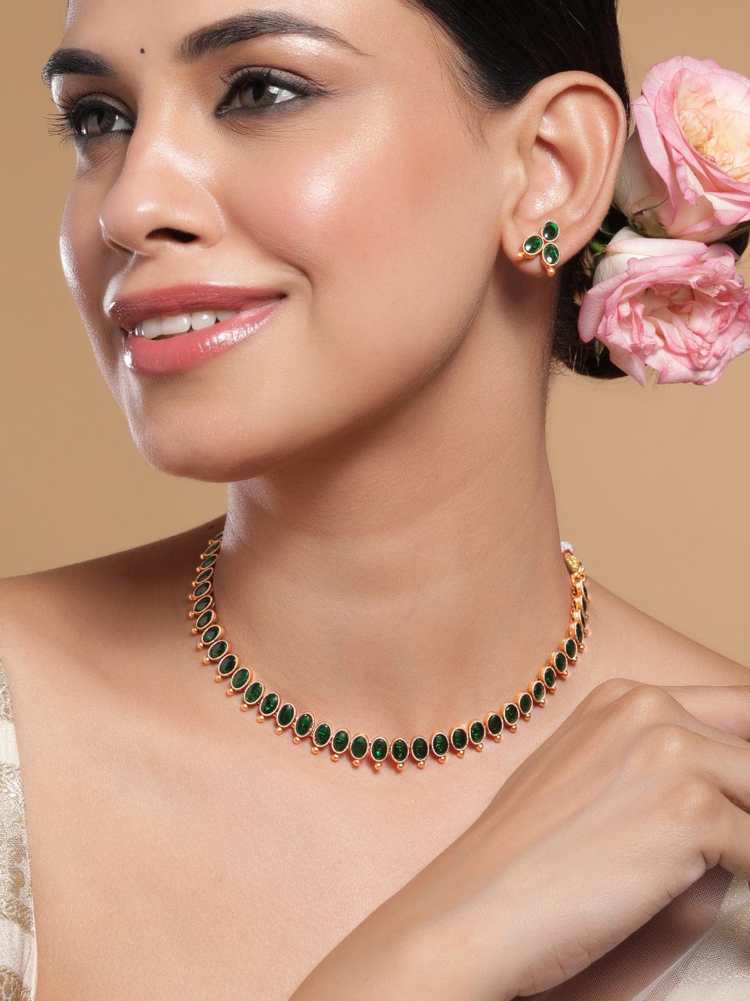 Rubans 18K Gold-Plated Emerald Studded Traditional Necklace Set Necklace Set