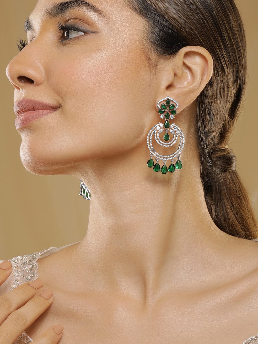 Rubans 18K Gold-Plated Emerald & Zirconia Studded Green Beaded Long Chandbali Earring Chandbali Earring