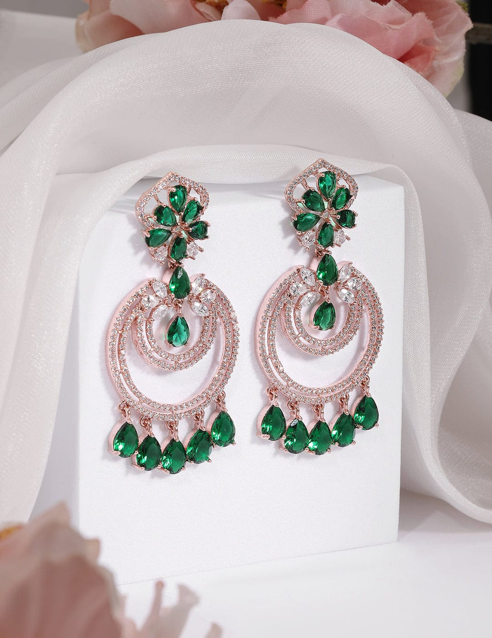 Rubans 18K Gold-Plated Emerald & Zirconia Studded Green Beaded Long Chandbali Earring Chandbali Earring