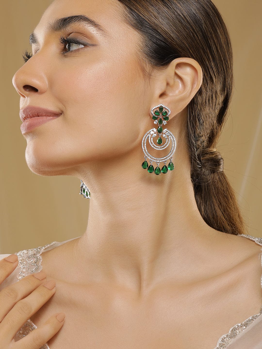 Rubans 18K Gold-Plated Emerald & Zirconia Studded Green Beaded Long Chandbali Earring Earrings