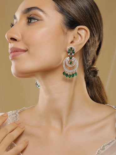 Rubans 18K Gold-Plated Emerald & Zirconia Studded Green Beaded Long Chandbali Earring Earrings