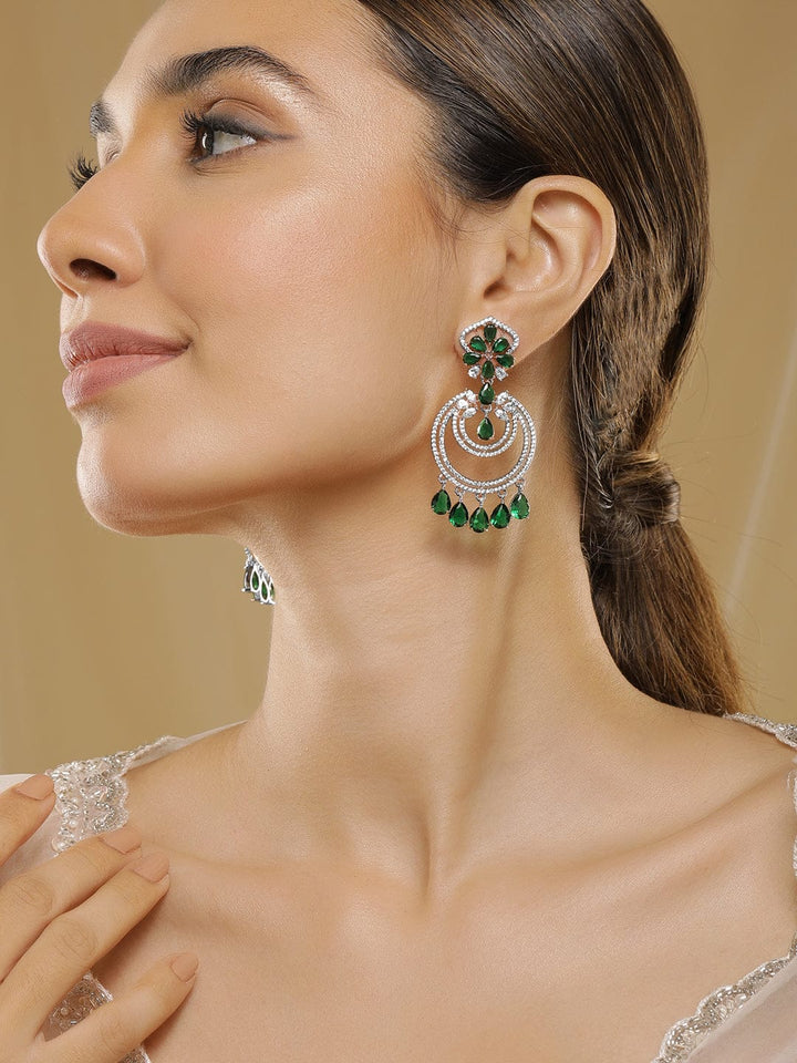 Rubans 18K Gold-Plated Emerald & Zirconia Studded Green Beaded Long Chandbali Earring Earrings
