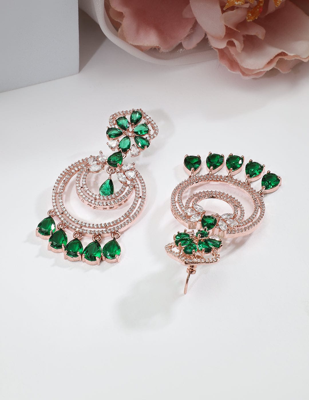 Rubans 18K Gold-Plated Emerald & Zirconia Studded Green Beaded Long Chandbali Earring Earrings