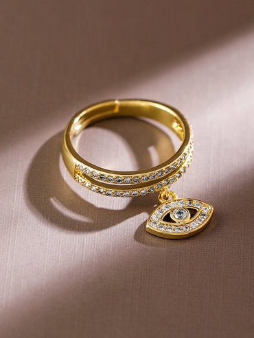 Rubans 18K Gold-Plated Evil Eye Charm Cubic Zirconia Studded Openable Adjustable Ring Rings