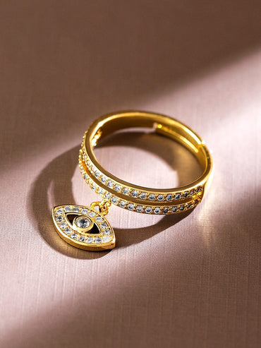 Rubans 18K Gold-Plated Evil Eye Charm Cubic Zirconia Studded Openable Adjustable Ring Rings