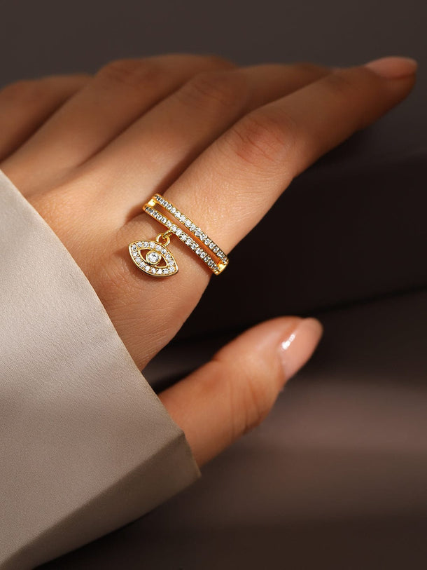 Rubans 18K Gold-Plated Evil Eye Charm Cubic Zirconia Studded Openable Adjustable Ring Rings