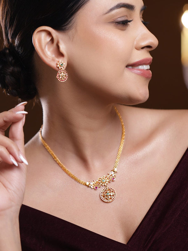 Rubans 18K Gold-Plated Floral Design Necklace Set with Ruby Pink & Emerald Green Stones Jewellery Set