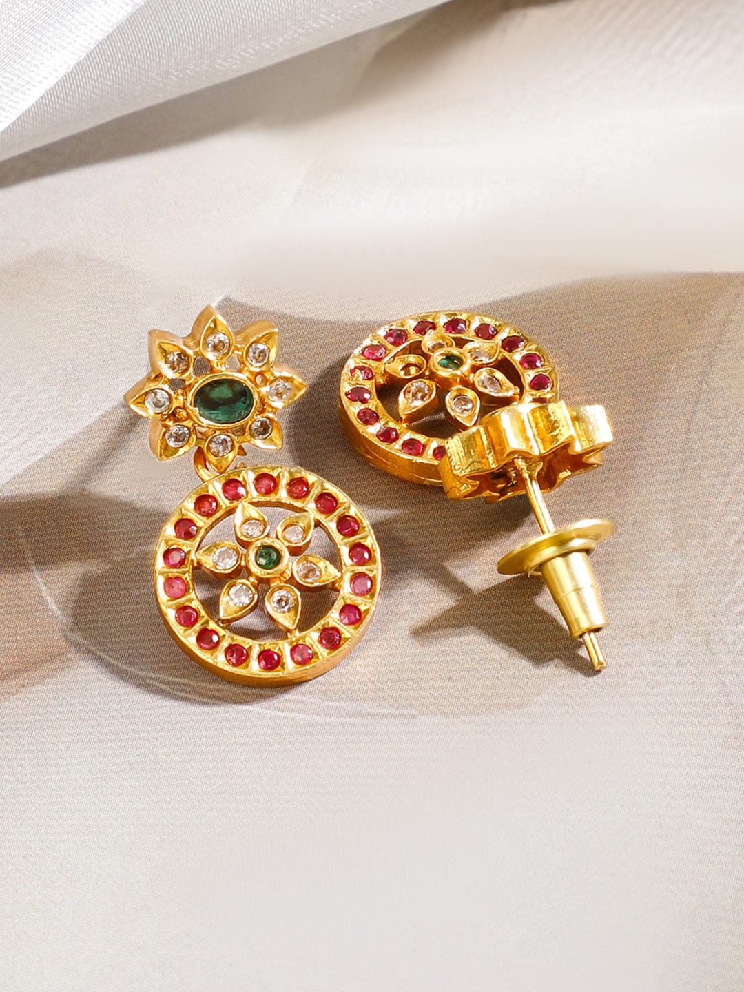 Rubans 18K Gold-Plated Floral Design Necklace Set with Ruby Pink & Emerald Green Stones Jewellery Set