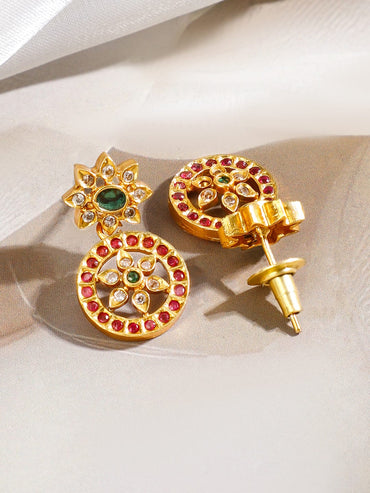 Rubans 18K Gold-Plated Floral Design Necklace Set with Ruby Pink & Emerald Green Stones Jewellery Set