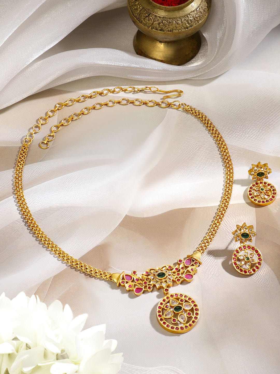 Rubans 18K Gold-Plated Floral Design Necklace Set with Ruby Pink & Emerald Green Stones Jewellery Set