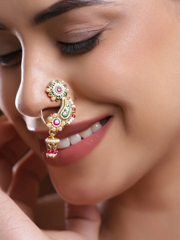 Rubans 18K Gold-Plated Floral Enamelled Green & Ruby Pink Stone Studded Nath Nose Pin with Pearl Detailing Nose ring