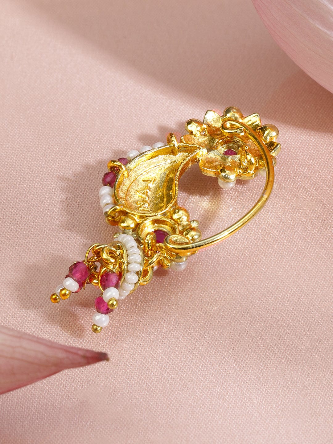 Rubans 18K Gold-Plated Floral Enamelled Green & Ruby Pink Stone Studded Nath Nose Pin with Pearl Detailing Nosepin