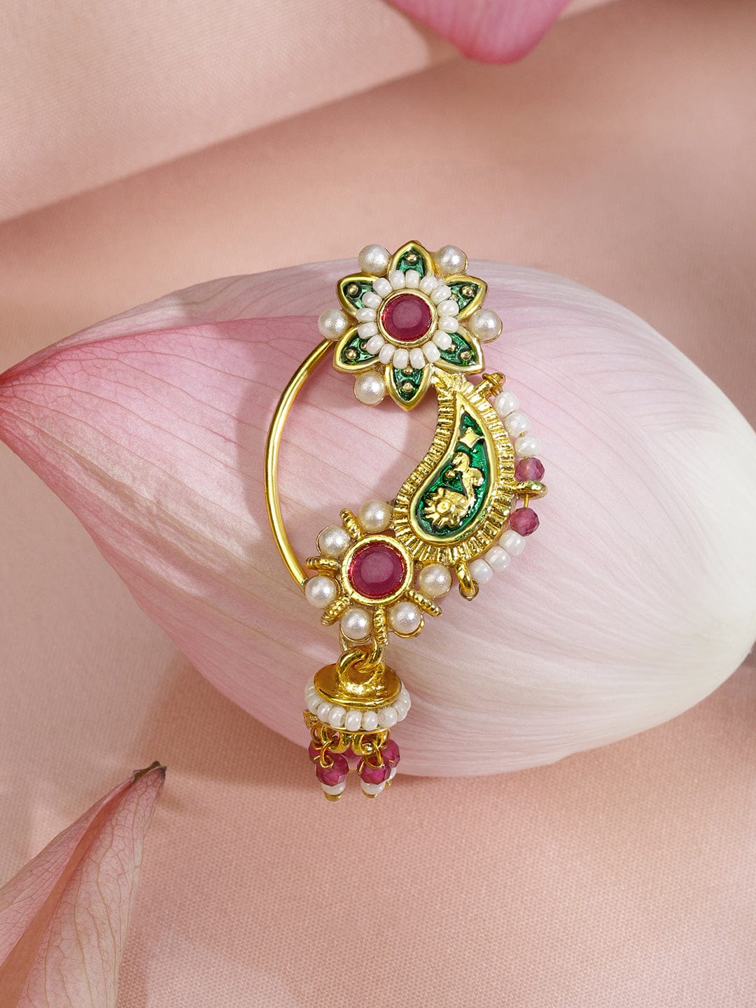 Rubans 18K Gold-Plated Floral Enamelled Green & Ruby Pink Stone Studded Nath Nose Pin with Pearl Detailing Nosepin