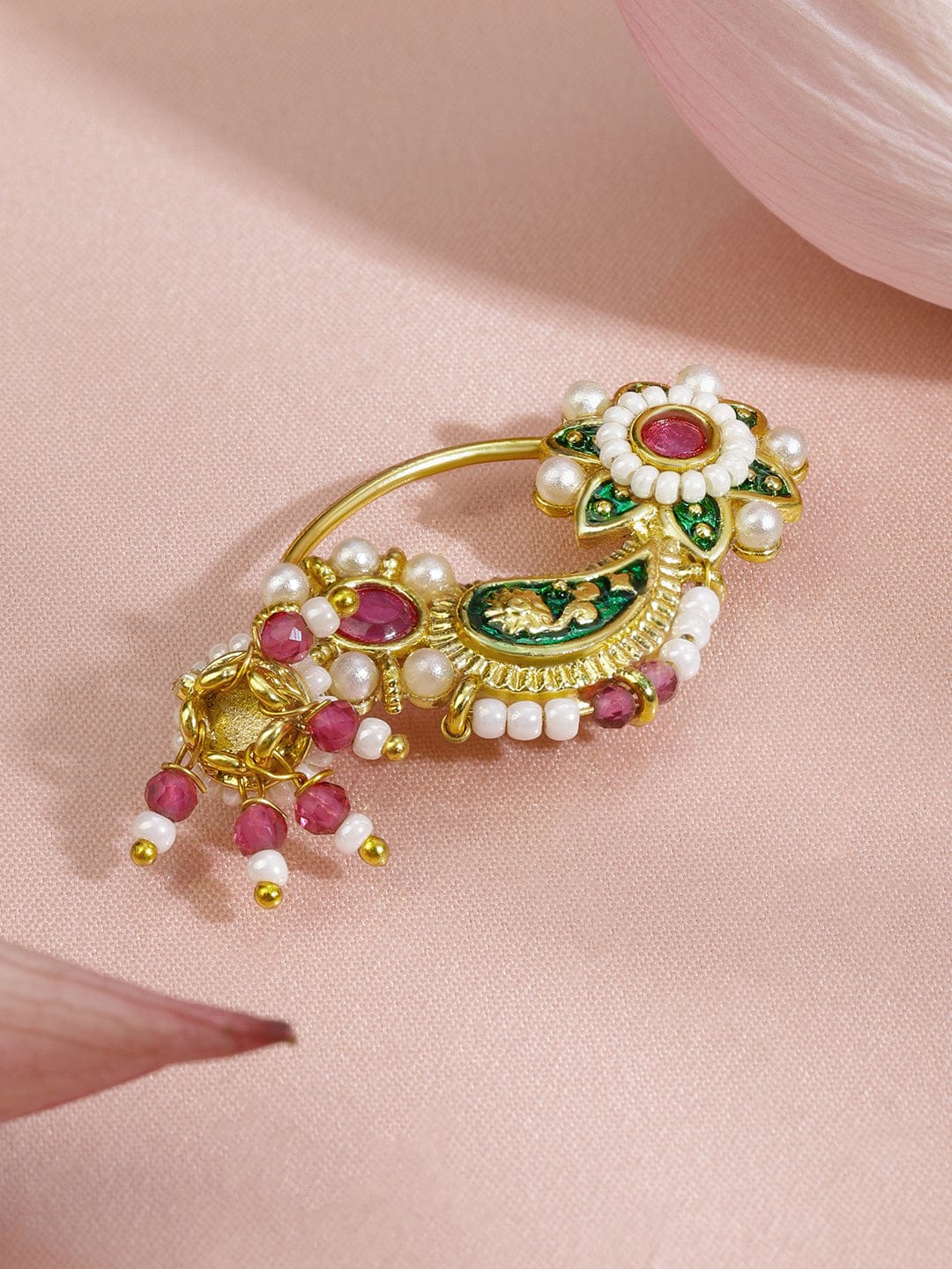 Rubans 18K Gold-Plated Floral Enamelled Green & Ruby Pink Stone Studded Nath Nose Pin with Pearl Detailing Nosepin