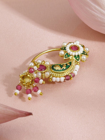 Rubans 18K Gold-Plated Floral Enamelled Green & Ruby Pink Stone Studded Nath Nose Pin with Pearl Detailing Nosepin