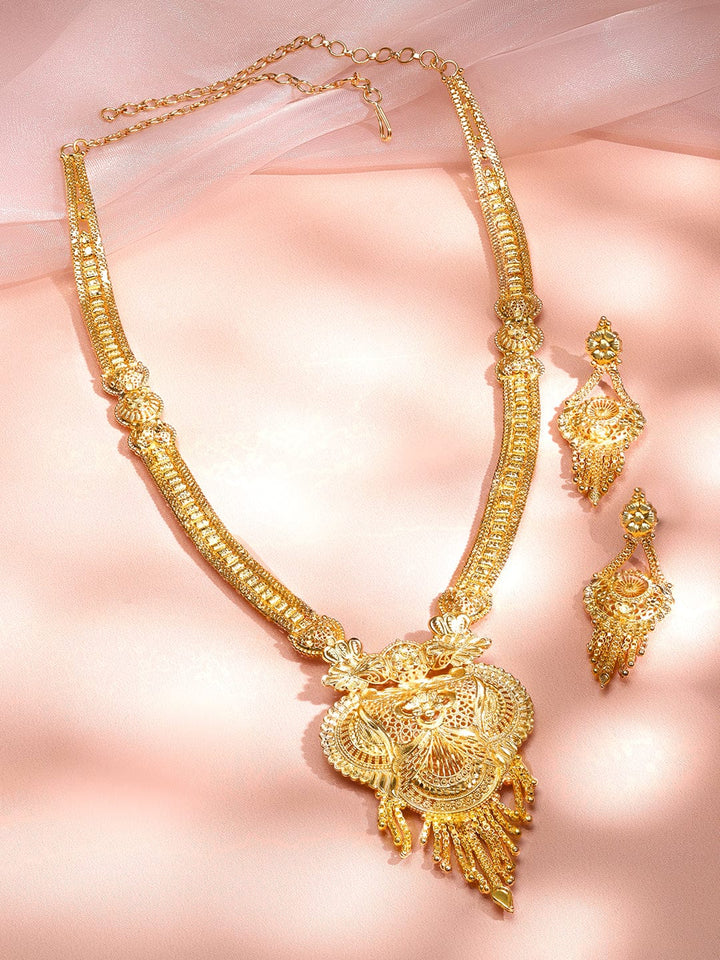 Rubans 18K Gold-Plated Floral Filigree Long Necklace Set with Drop Earrings Jewellery Set