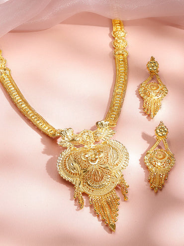 Rubans 18K Gold-Plated Floral Filigree Long Necklace Set with Drop Earrings Jewellery Set