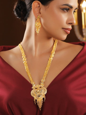 Rubans 18K Gold-Plated Floral Filigree Long Necklace Set with Drop Earrings Necklace Set