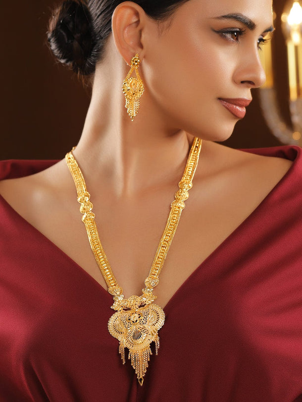Rubans 18K Gold-Plated Floral Filigree Long Necklace Set with Drop Earrings Necklace Set