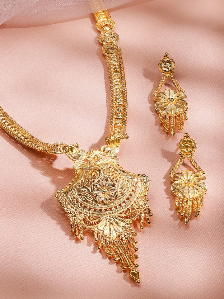 Rubans 18K Gold-Plated Floral Filigree Long Necklace Set with Intricate Pendant and Earrings Jewellery Set