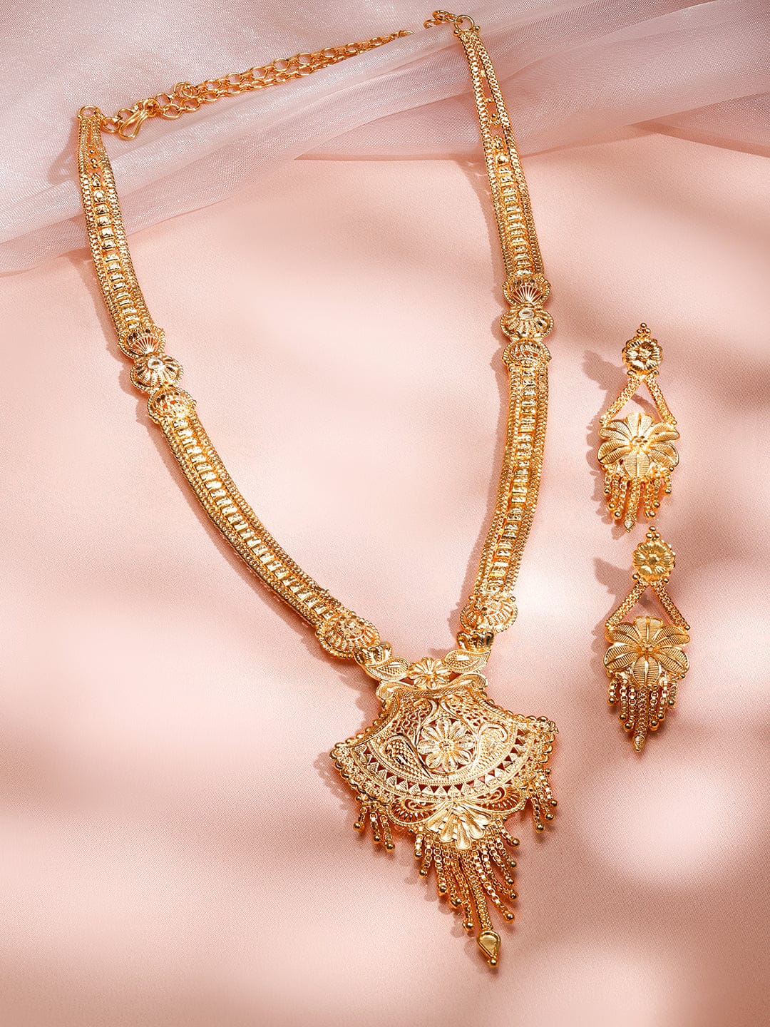 Rubans 18K Gold-Plated Floral Filigree Long Necklace Set with Intricate Pendant and Earrings Jewellery Set