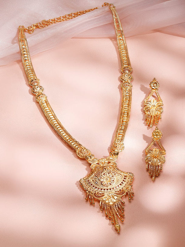 Rubans 18K Gold-Plated Floral Filigree Long Necklace Set with Intricate Pendant and Earrings Jewellery Set