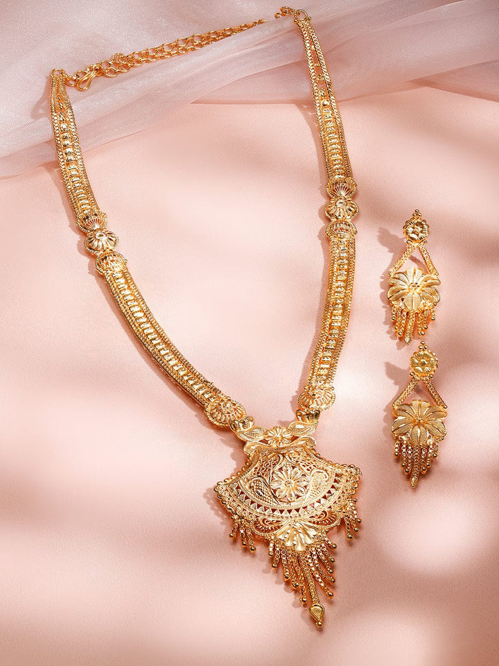 Rubans 18K Gold-Plated Floral Filigree Long Necklace Set with Intricate Pendant and Earrings Jewellery Set