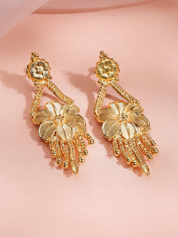 Rubans 18K Gold-Plated Floral Filigree Long Necklace Set with Intricate Pendant and Earrings Jewellery Set