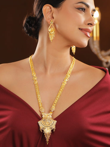 Rubans 18K Gold-Plated Floral Filigree Long Necklace Set with Intricate Pendant and Earrings Jewellery Set