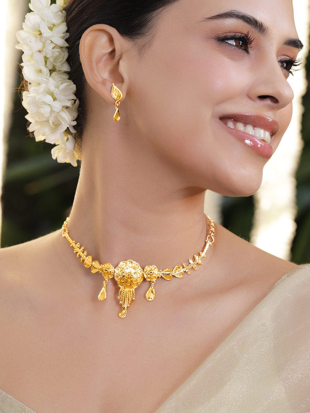 Rubans 18K Gold-Plated Floral Motif Choker Necklace Set with Dangling Drops and Leaf Detailing Necklace Set