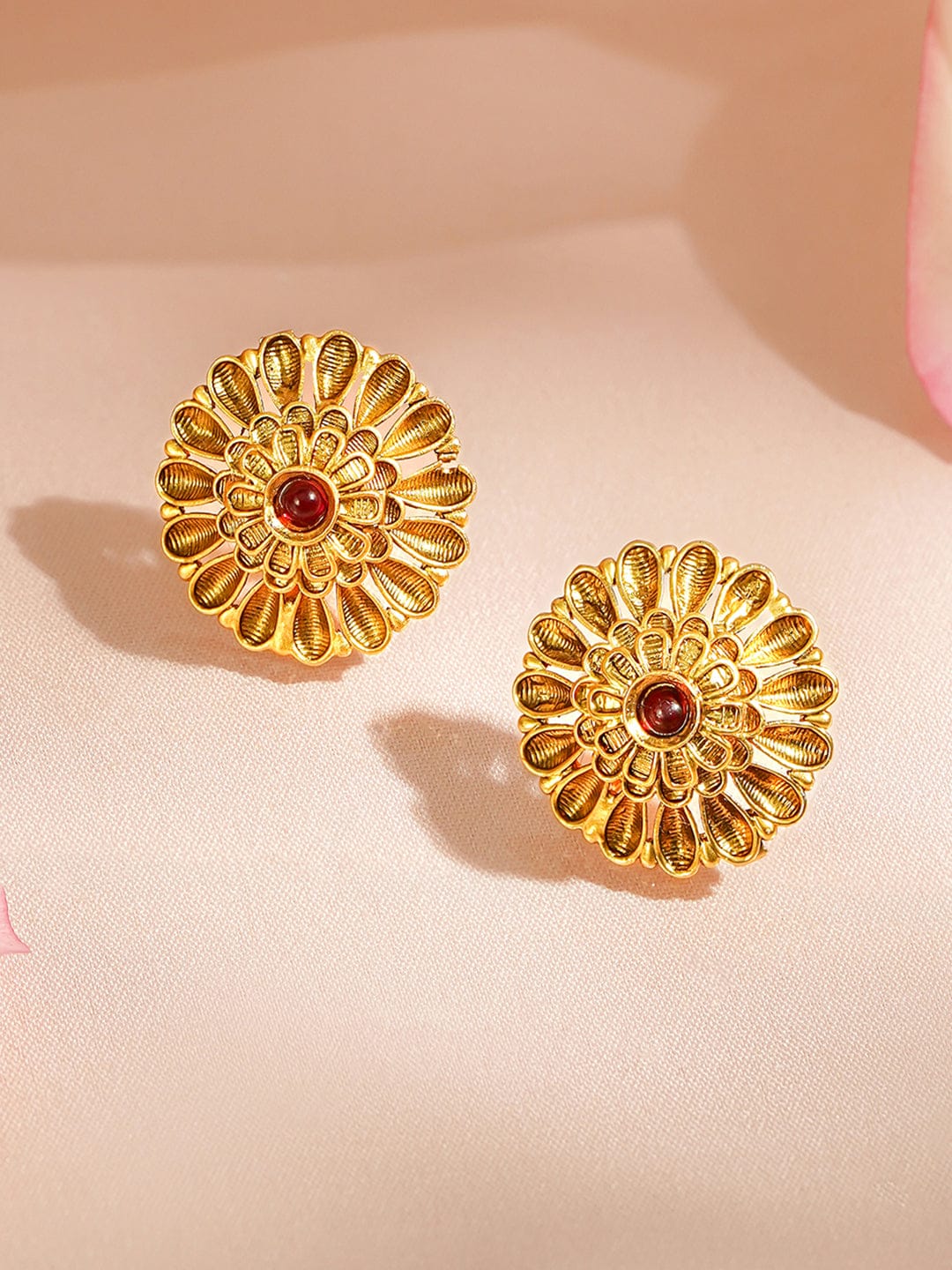 Rubans 18K Gold-Plated Floral Motif Ethnic Pendant Necklace Set with Ruby Red Center Stone Jewellery Set