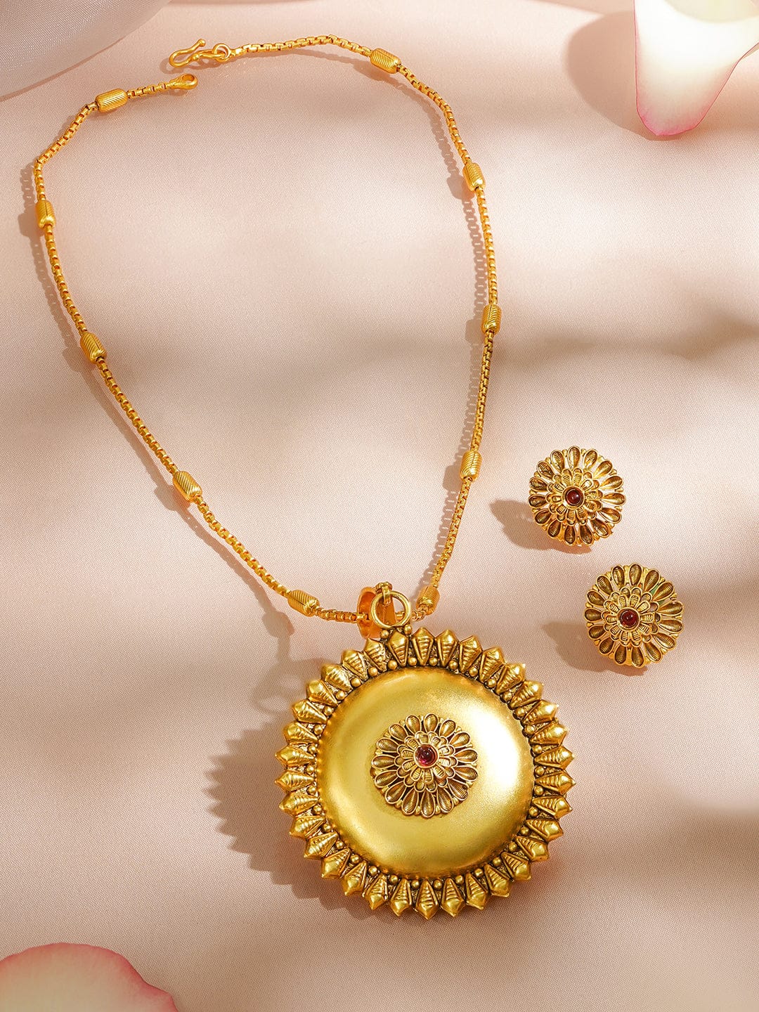 Rubans 18K Gold-Plated Floral Motif Ethnic Pendant Necklace Set with Ruby Red Center Stone Jewellery Set