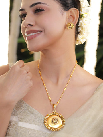Rubans 18K Gold-Plated Floral Motif Ethnic Pendant Necklace Set with Ruby Red Center Stone Jewellery Set