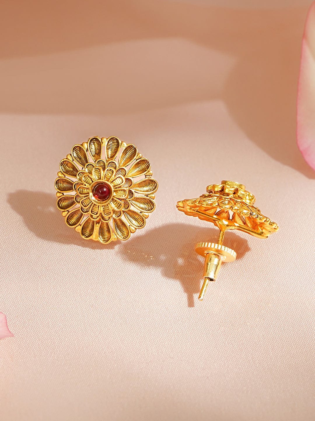 Rubans 18K Gold-Plated Floral Motif Ethnic Pendant Necklace Set with Ruby Red Center Stone Jewellery Set