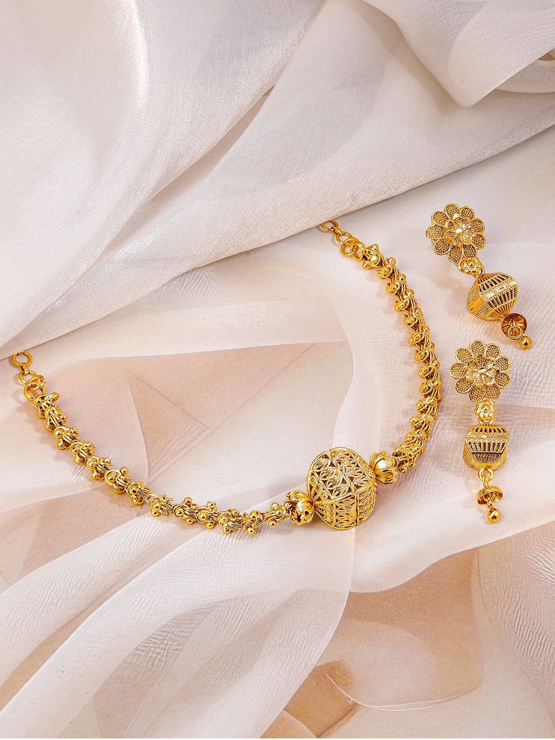 Rubans 18K Gold-Plated Floral Motif & Filigree Beaded Brass Necklace Set for Women Jewellery Set