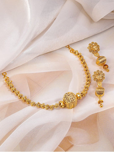 Rubans 18K Gold-Plated Floral Motif & Filigree Beaded Brass Necklace Set for Women Jewellery Set